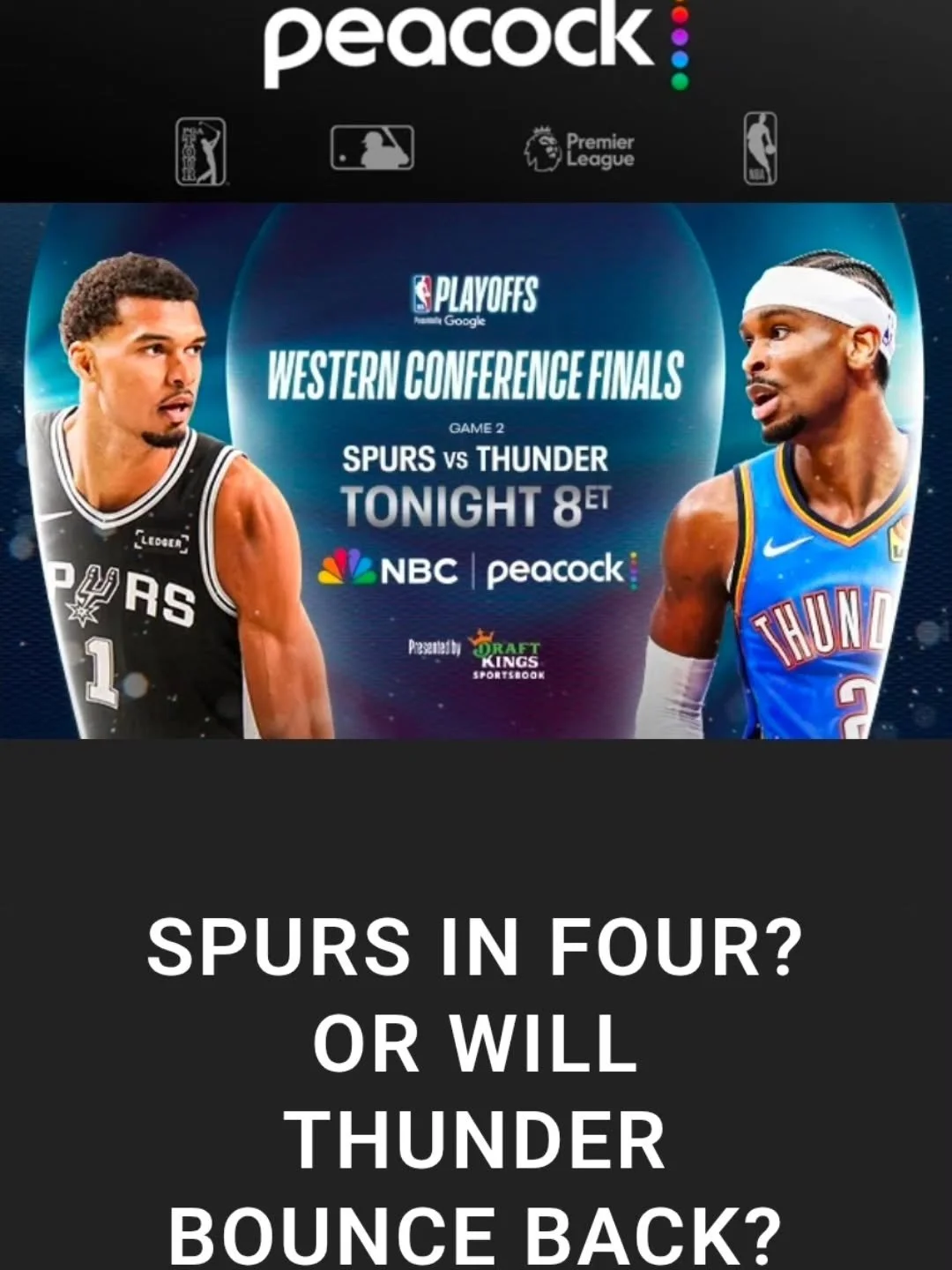 🏀 WESTERN CONFERENCE FINALS &ndash; GAME 2 🏀
The series is heating up TONIGHT 🔥

Will the Spurs take complete control and go up 2-0&hellip; or will OKC respond with a statement win? 👀

⚡ Thunder looking to bounce back
🤠 Spurs chasing &ldquo;Spur