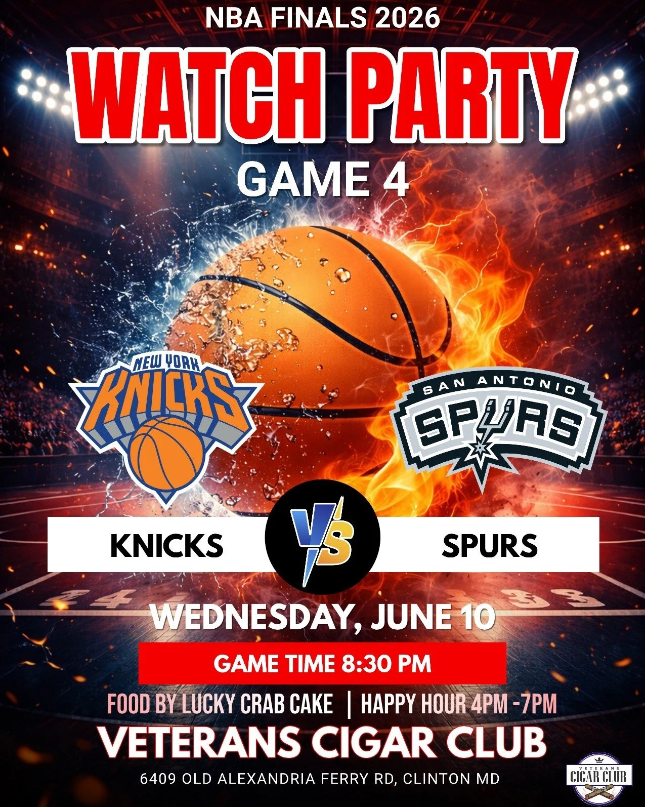 🏀🔥 NBA FINALS GAME 4 WATCH PARTY! 🔥🏀

The Finals are heating up, and there's no better place to catch every bucket, block, and buzzer-beater than at the Veterans Cigar Club!

🗽 New York Knicks vs. San Antonio Spurs 🤠

📅 Wednesday, June 10
⏰ Ti
