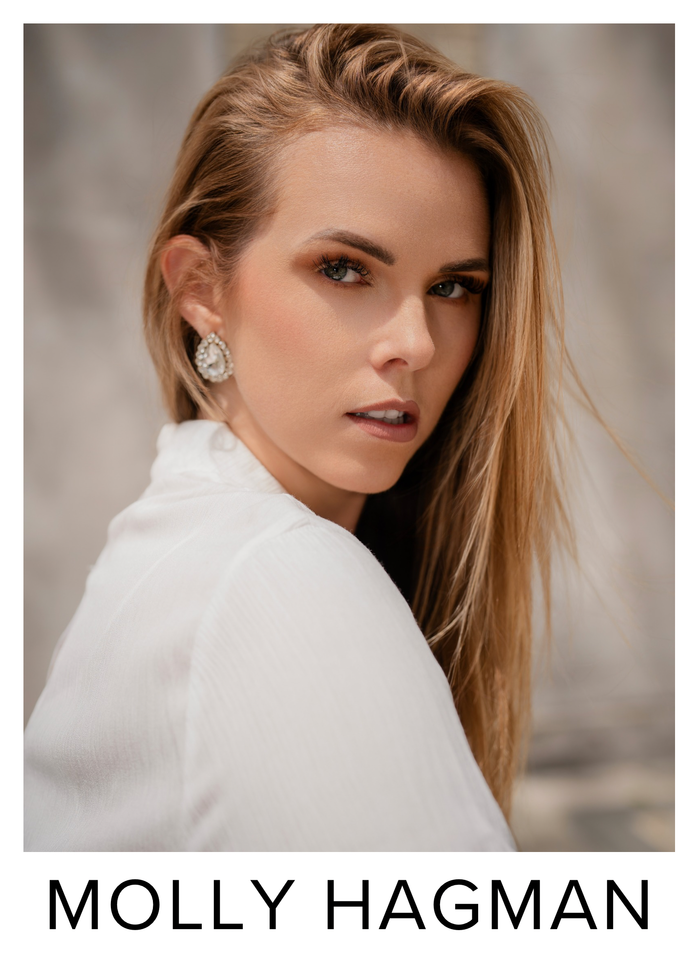 Close-up portrait of a woman with light brown hair, wearing large pearl and rhinestone earrings and a white shirt, looking towards the camera with a soft expression. Text overlay reads "MOLLY HAGMAN".