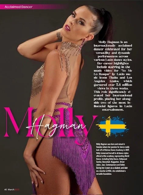Magazine cover featuring Molly Hagman in a dance costume with purple fringe and rhinestones, posing with her hand behind her head. The text highlights her background as a Canadian dancer and her viral TikTok videos.