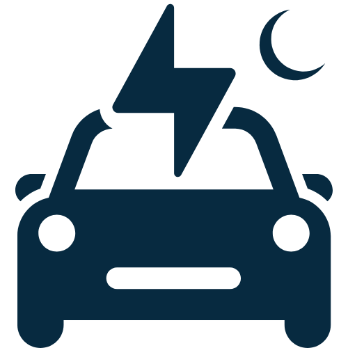 Icon of a car with a lightning bolt and a crescent moon above it, indicating a night-time or electric vehicle charging issue.