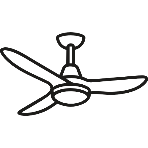 Outline drawing of a ceiling fan with three blades.