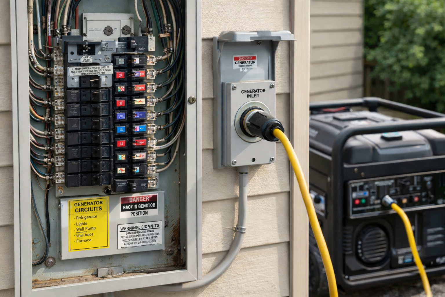 Electrical panel with circuit breakers and warning labels, connected to a generator with a yellow power cord outside on a house exterior wall.