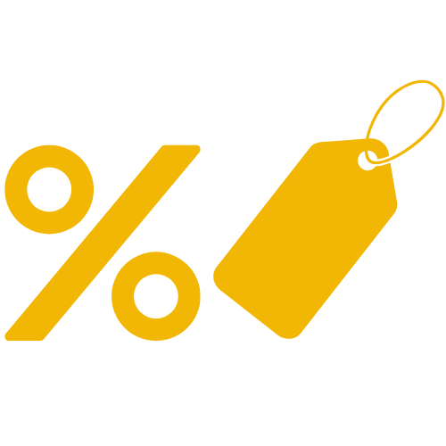 A yellow discount tag next to percentage signs.