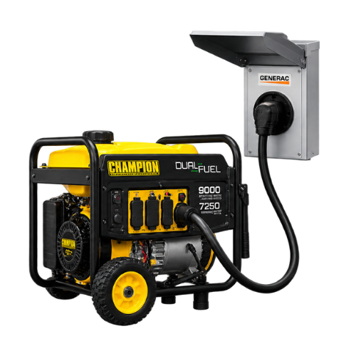 A Champion dual fuel portable generator connected to an electrical outlet.