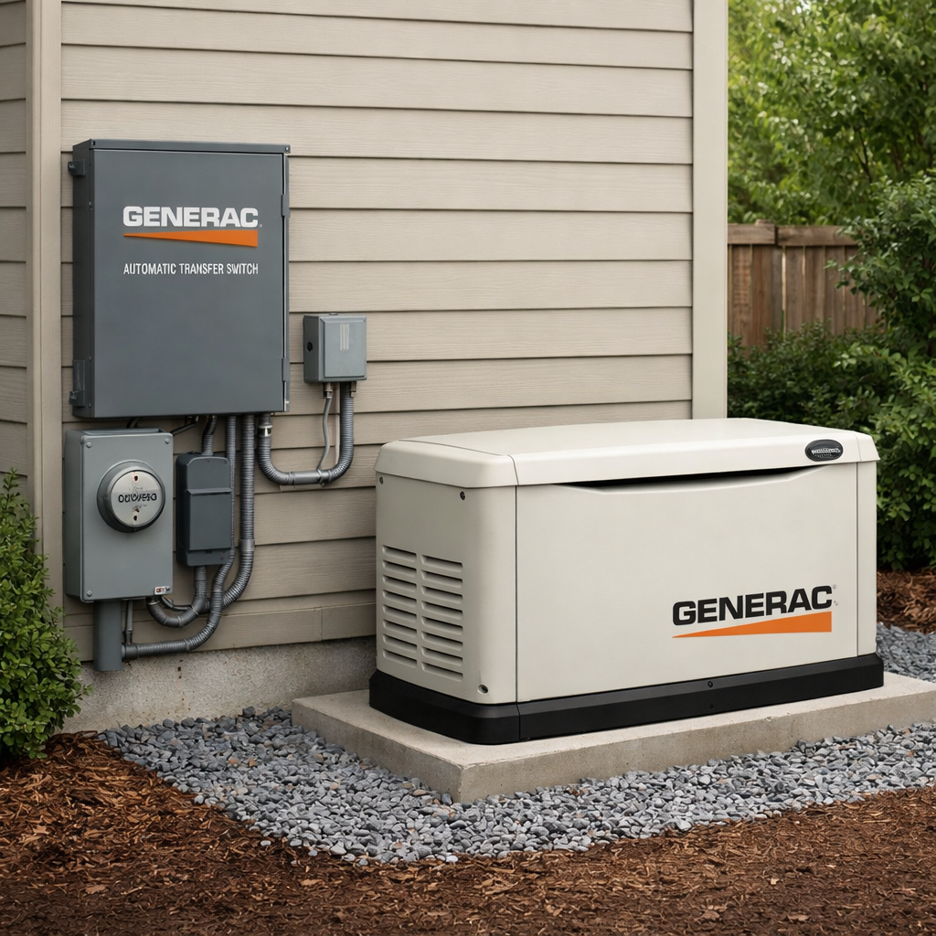 A Generac outdoor generator and transfer switch installed on the side of a house with beige siding, surrounded by gravel and some greenery.