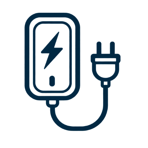 Icon of a battery being charged, with a lightning bolt symbol and an electrical plug.