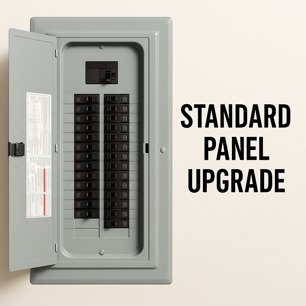 Electrical panel with open door next to text that reads 'Standard Panel Upgrade'.