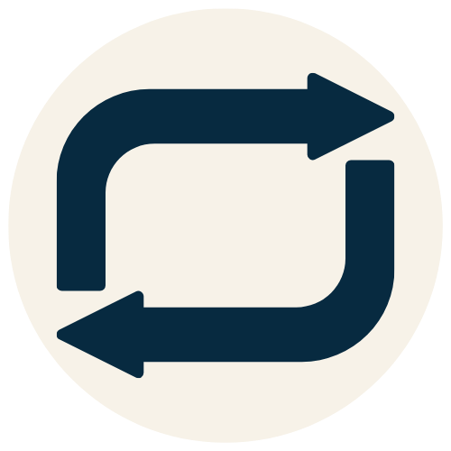 A circular black and white icon of a two-way arrow wrapped around in a loop, indicating a recycling or refresh symbol.