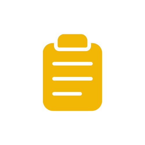 Icon of a clipboard with lines representing text, in yellow on a black background.