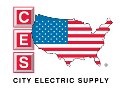Logo of City Electric Supply with an outline of the United States filled with an American flag design and the letters C E S vertically on the left.