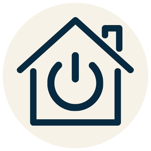 An icon of a house with a power button symbol inside it, indicating home automation or smart home technology.