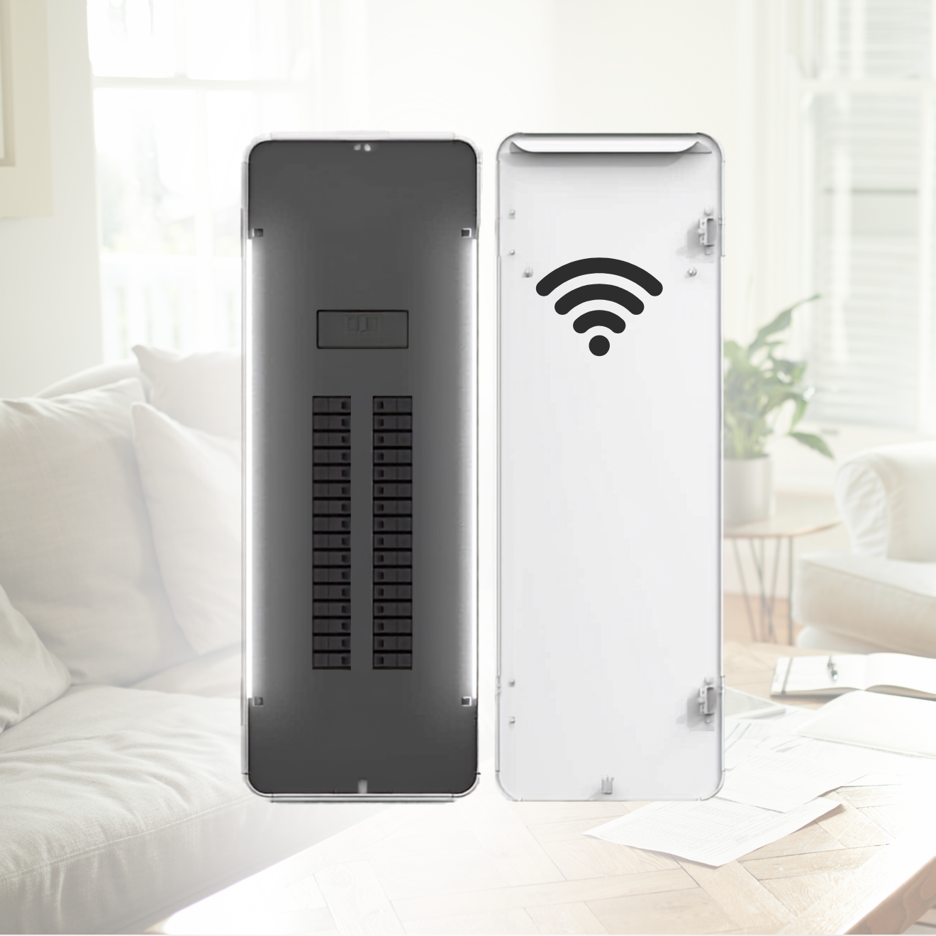 Open black and white wireless router in a bright living room with couch, window, and papers.
