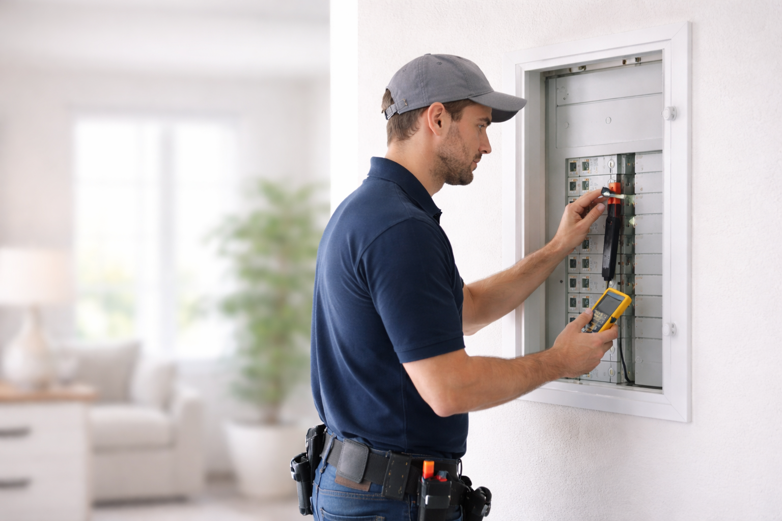 A technician inspects an electrical breaker panel with a multimeter in a residential setting.