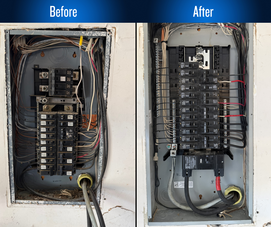 Side-by-side comparison of electrical breaker panels labeled 'Before' and 'After', with the 'After' panel organized and with new wiring.