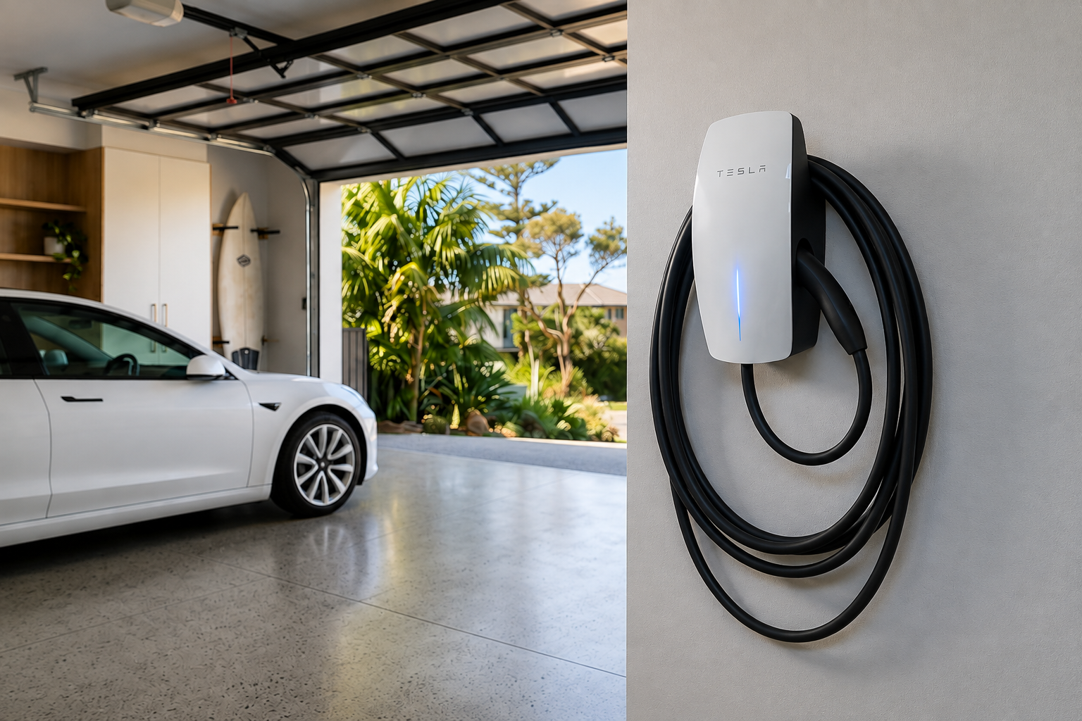 A white Tesla electric vehicle parked inside a garage next to a wall with a mounted Tesla wall charger.