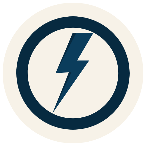 A circular logo with a lightning bolt symbol in the center, featuring a dark blue and white color scheme.