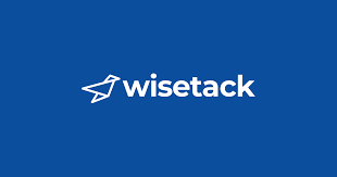 Wisetack logo featuring a paper airplane icon and text on a blue background