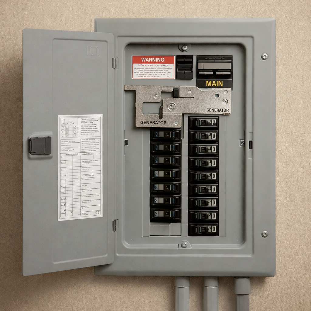 An electrical breaker box with open cover showing various circuit breakers, some labeled 'Generator' and 'Main', mounted on a beige wall.