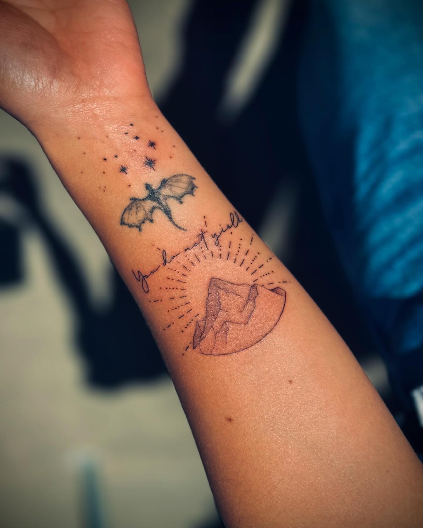 &ldquo;You do not yield&rdquo; 

Book themed start of a big arm piece! Thank you for coming in and trusting me with this 🫶🏻

Thanks for looking! 🖤
.
.
.
.
.
#booktattoo #finelinetattoo #finelinetattooartist #olympiatattoo #olympiatattooartist #oly