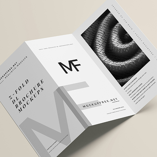 An open tri-fold brochure mockup with black and white design elements and images, featuring the 