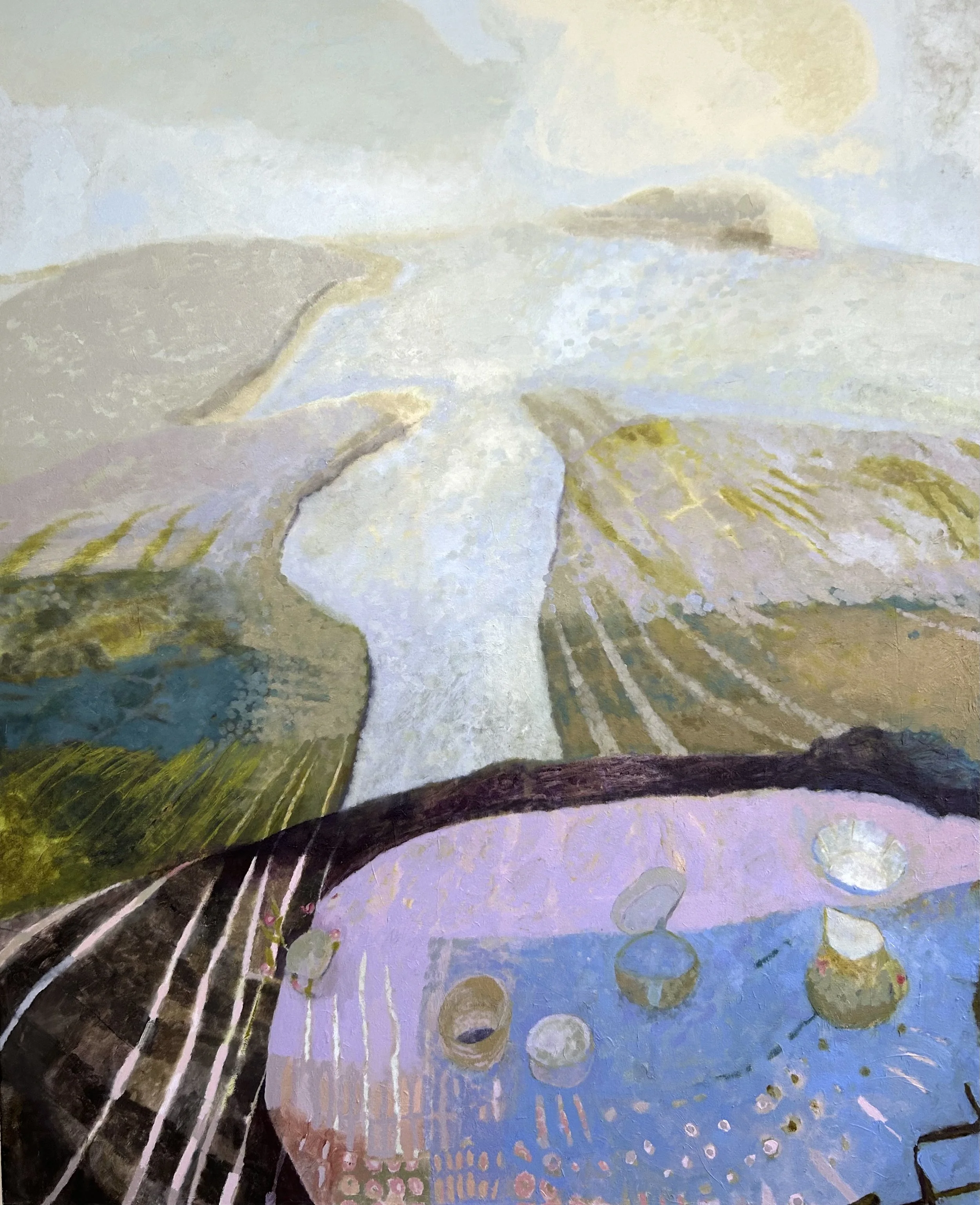 A large, colourful painting of an imaginary landscape in oils on canvas by Sam Vicary