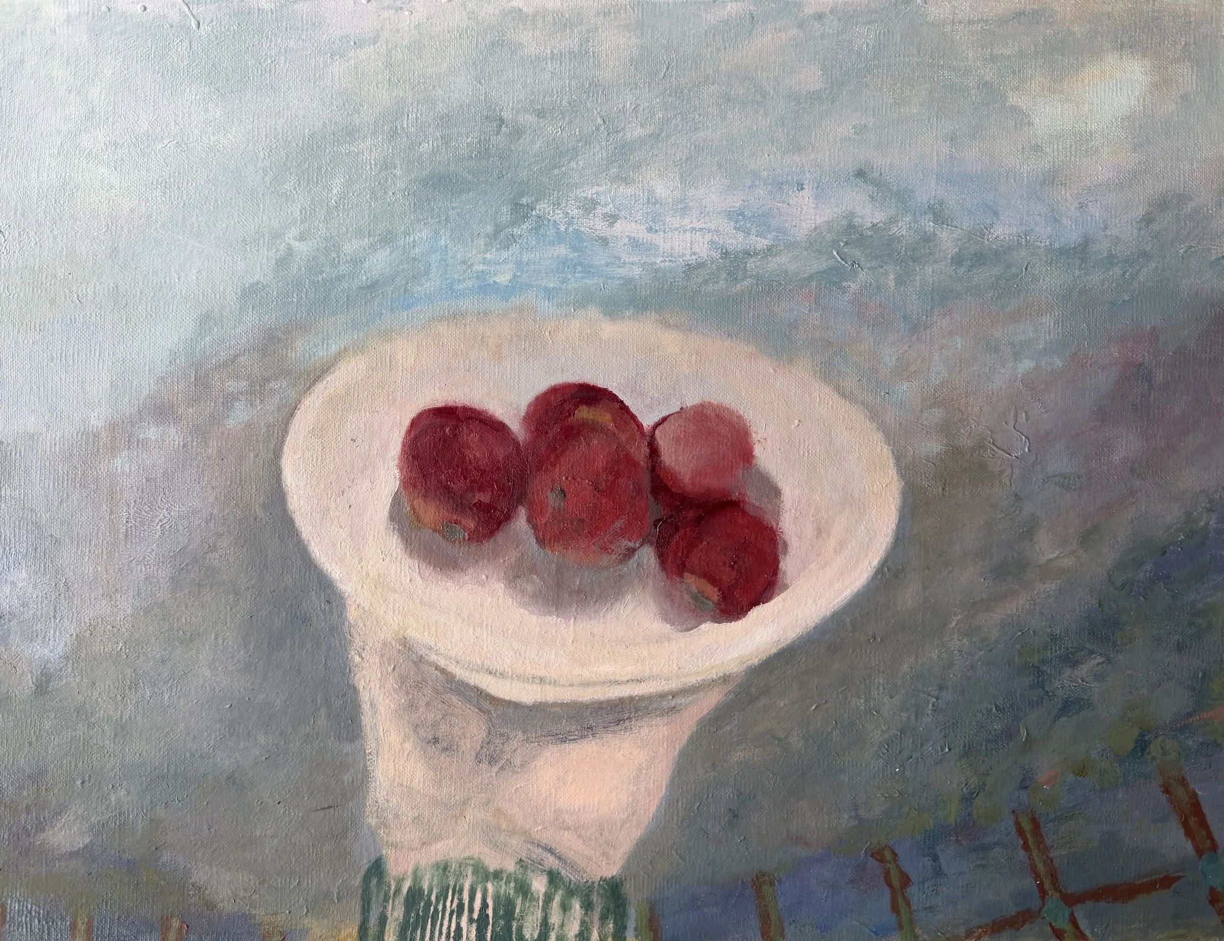 A small oil painting of apples being help up as an offering across a landscape with sea by Sam Vicary