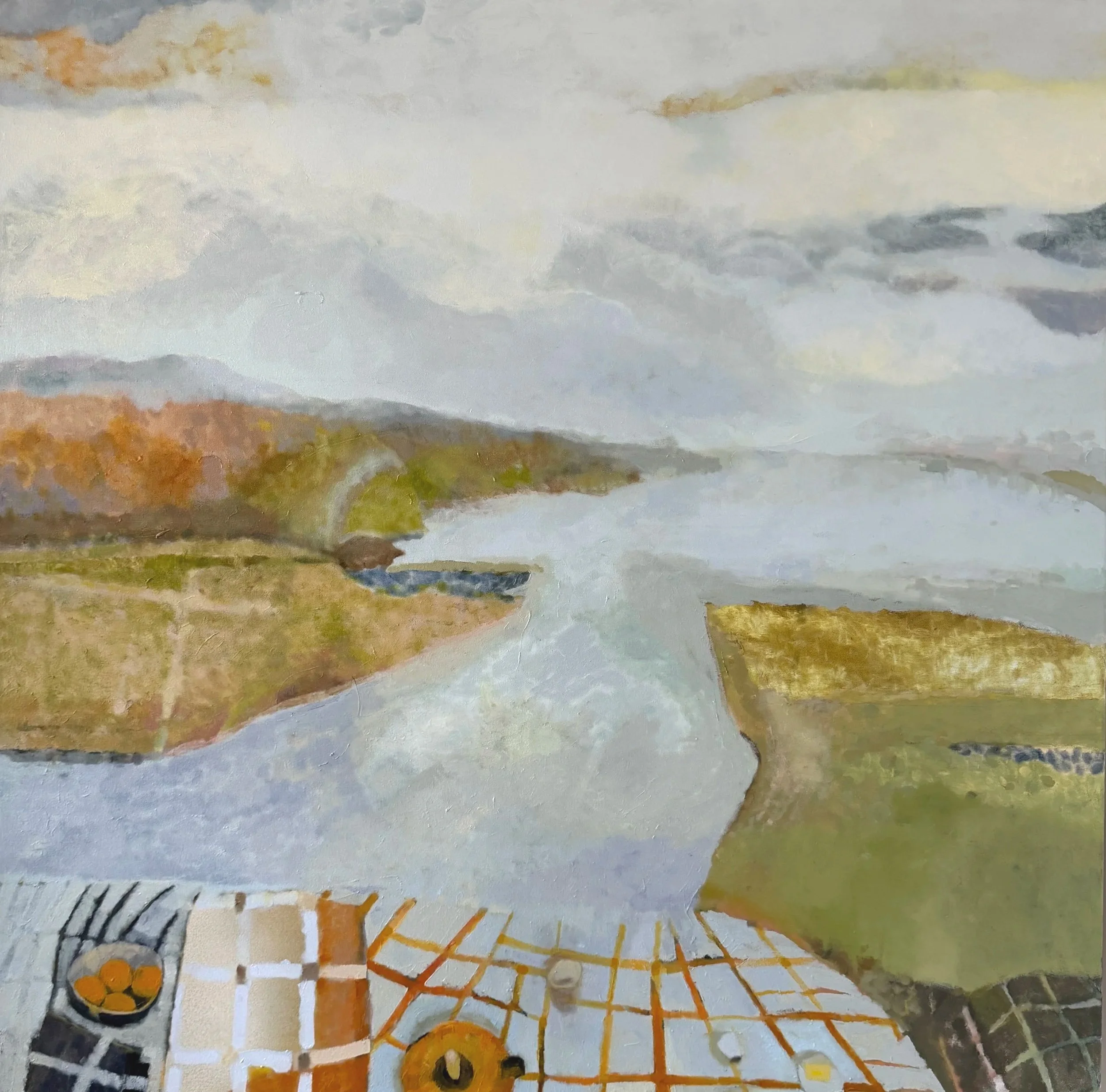 A painting in The Pilgrimage series by Sam Vicary with a table top and objects in the foreground (suggesting a picnic) and an abstract landscape leading to an horizon.