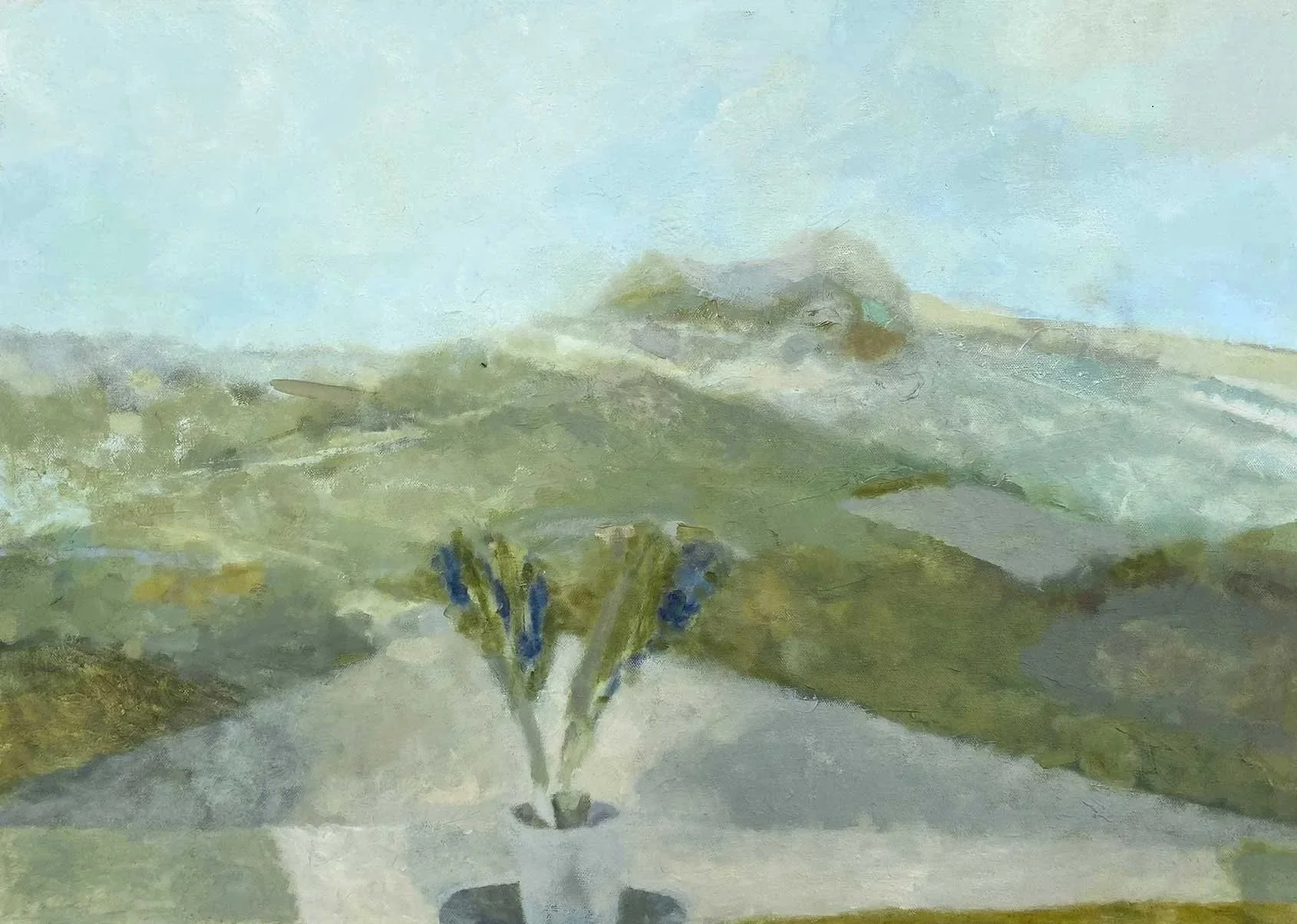 Sam Vicary painting with title Spring. The memory of Garn Fawr, an oil on canvas that's 70 x 50 cms