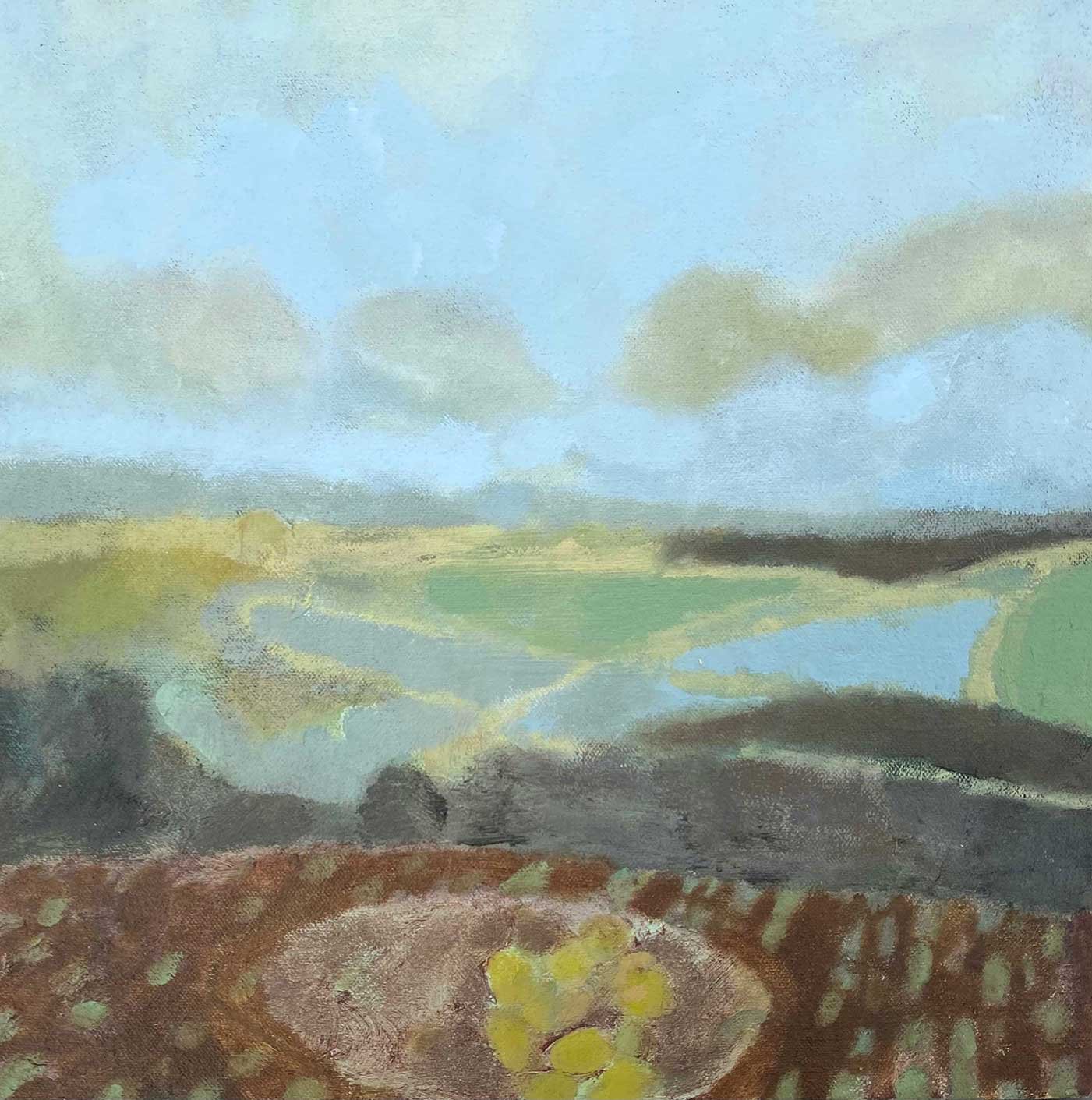 A landscape painting with a bowl of crab apples in the foreground. Part of a series of paintings by Sam Vicary