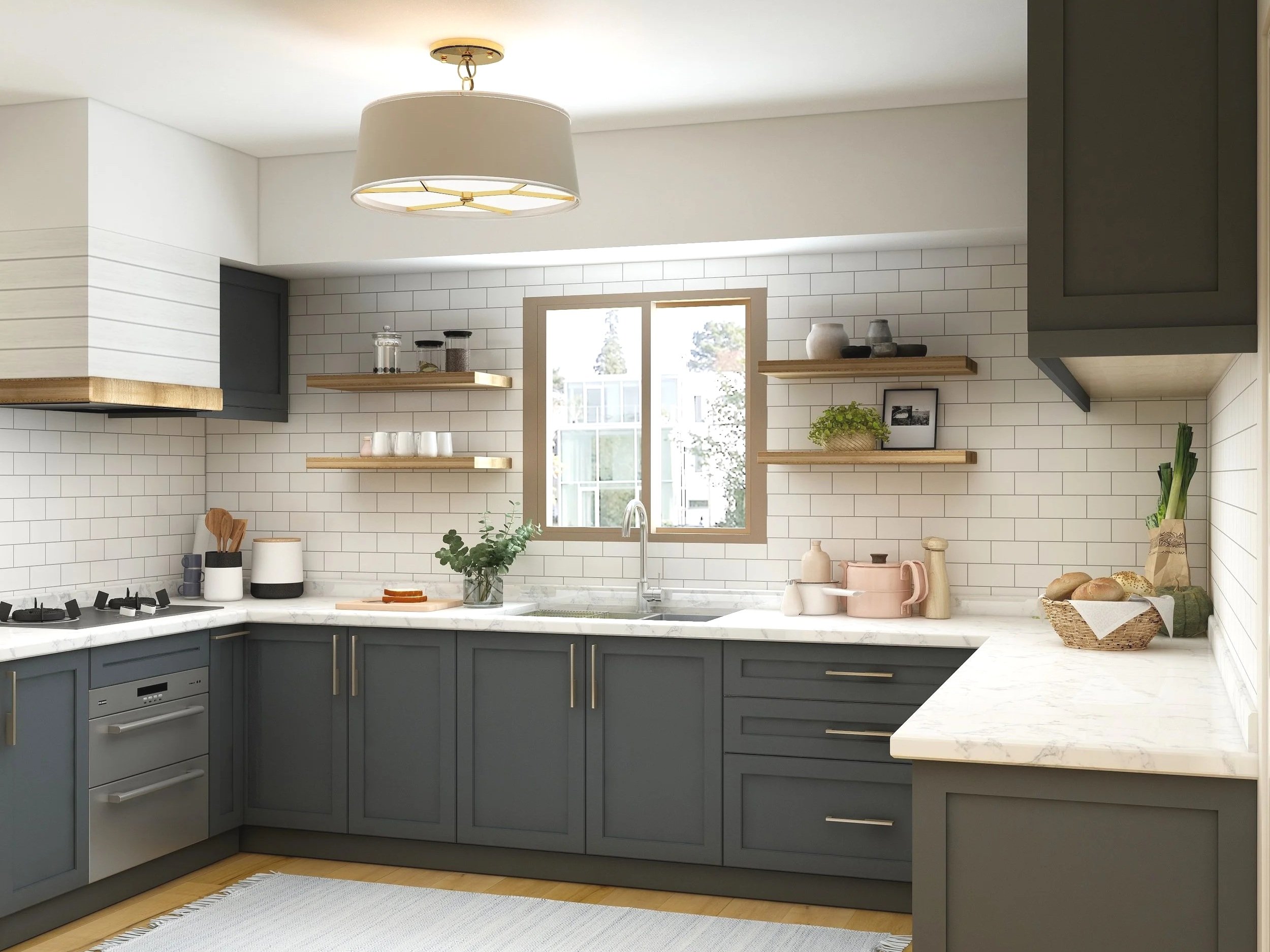 Modern kitchen remodel with dark, shaker style, full overlay doors and a custom range hood.