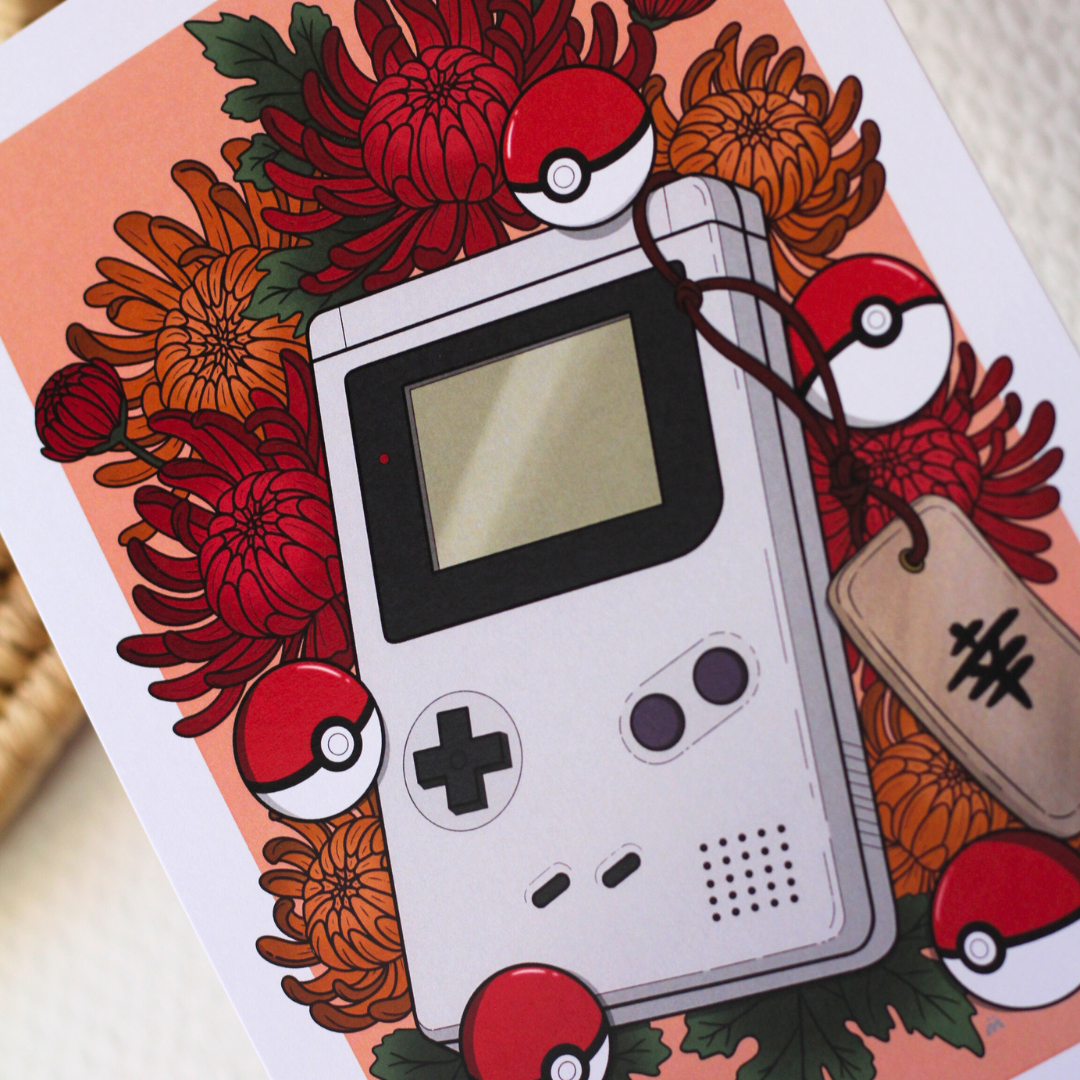 affiche console de jeux vidéo pokéball fleurs rouge nectary shop