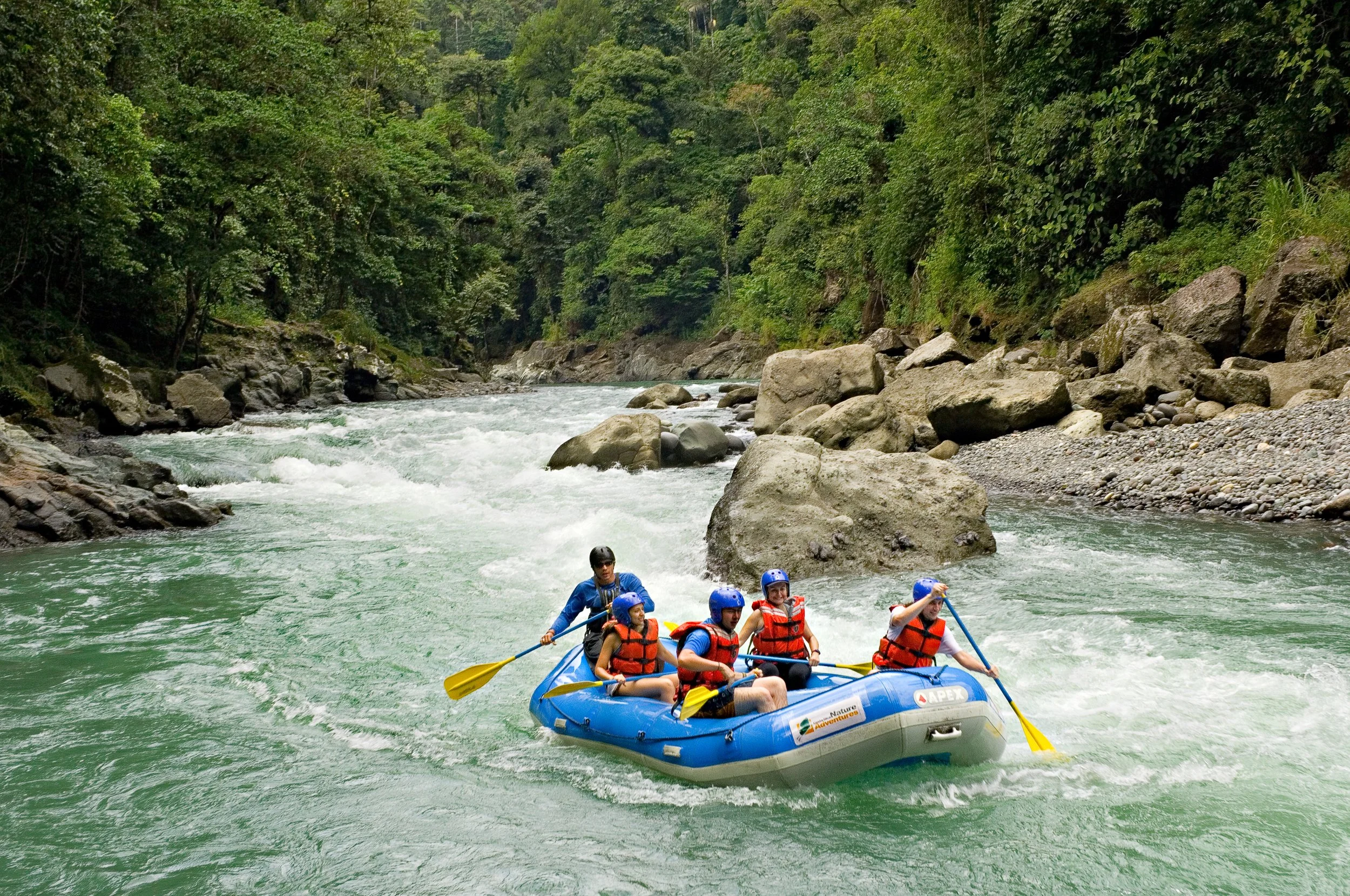 Group rafting through white-water rapids on the Pacuare River surrounded by steep jungle-covered canyon walls, Costa Rica