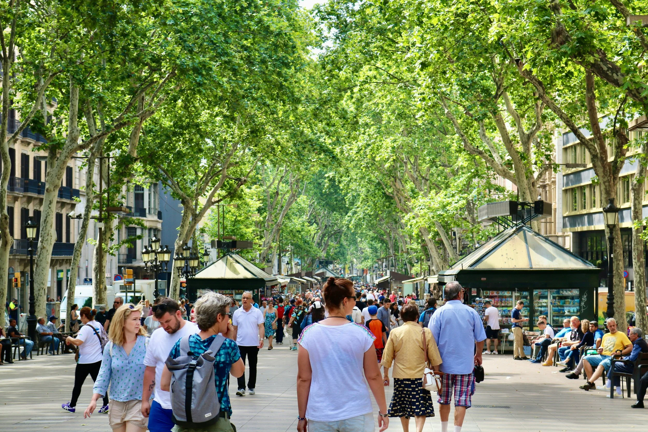 Crowds of people strolling along La Rambla, Barcelona's famous tree-lined boulevard, with plane trees forming a canopy overhead and kiosk stalls lining both sides, Spain