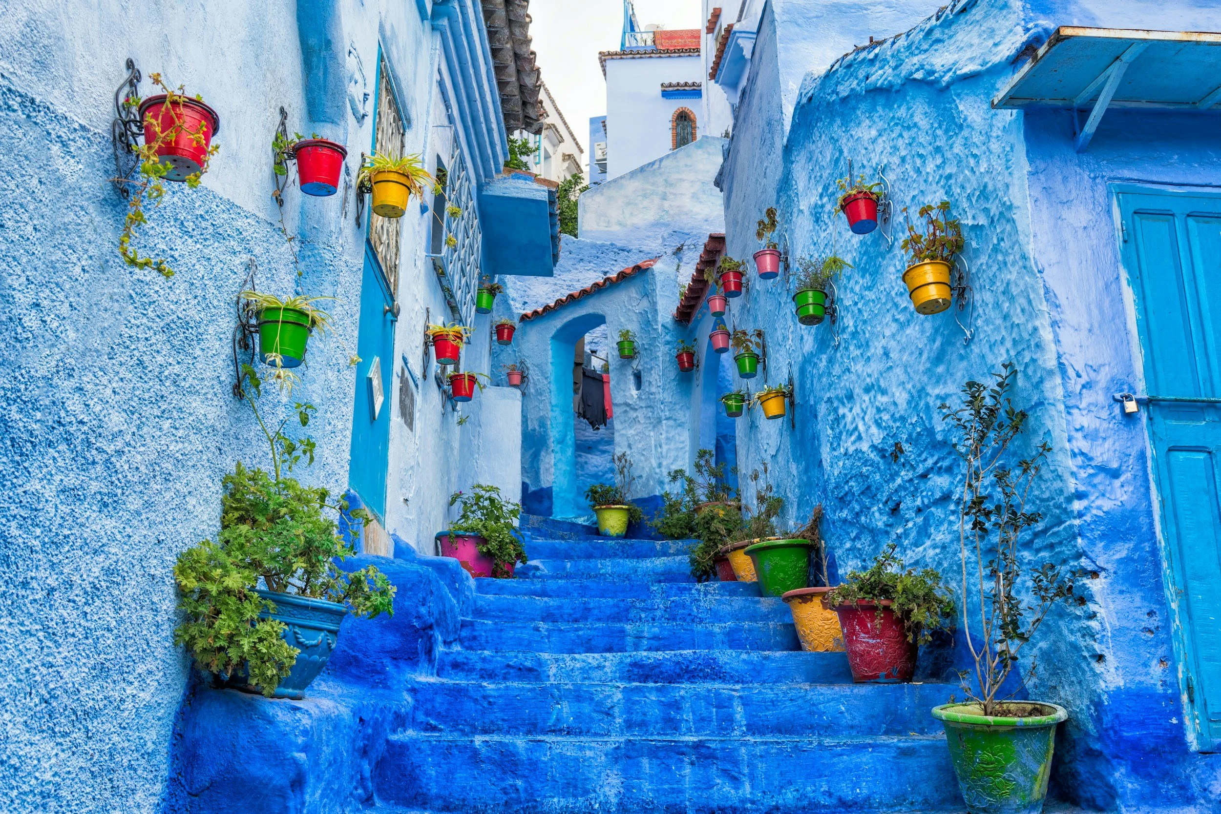 Blue-washed steps and flower pots in the medina of Chefchaouen, Morocco, with the Rif Mountains behind