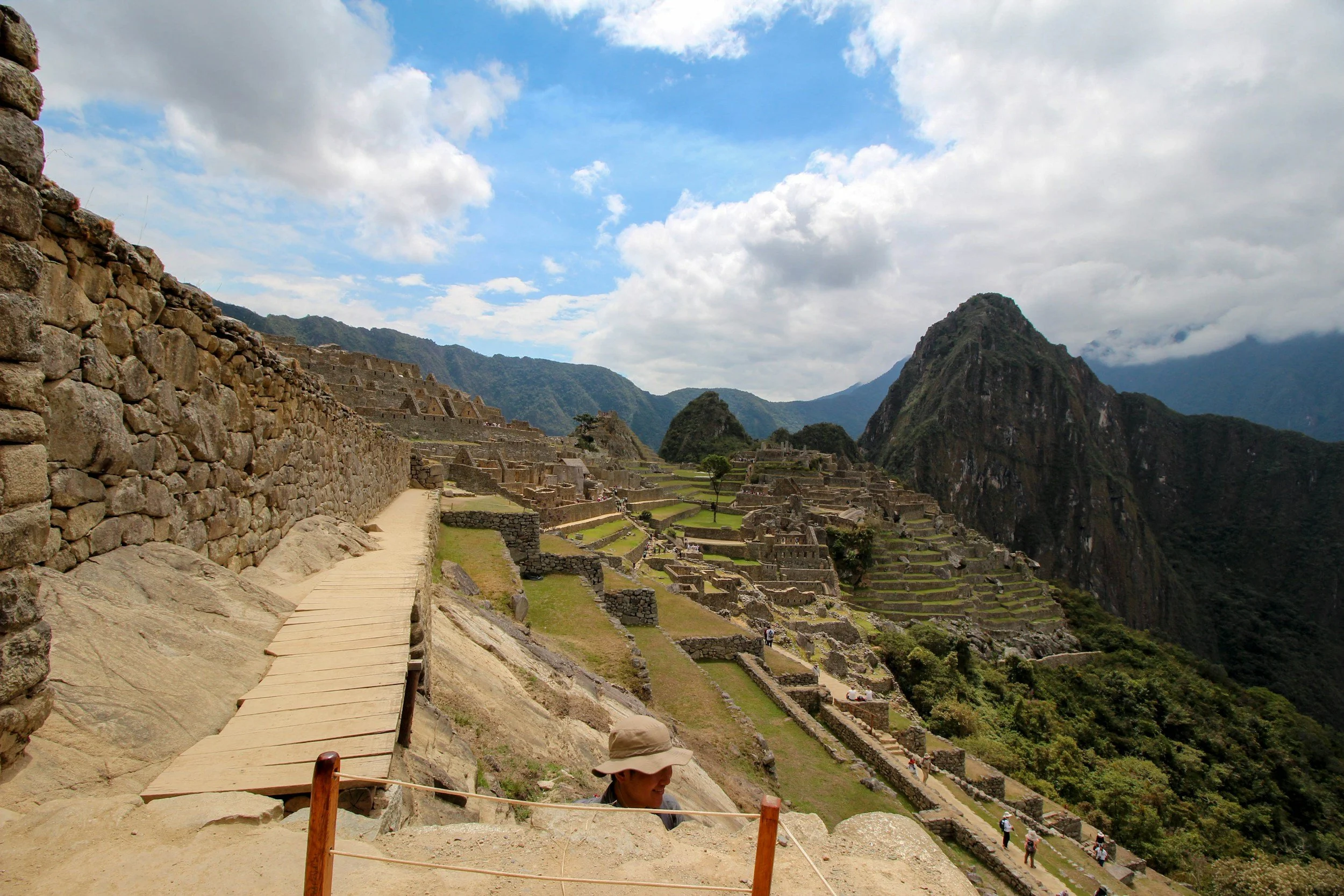 Aerial view of Machu Picchu citadel from the summit of Huayna Picchu mountain, Peru