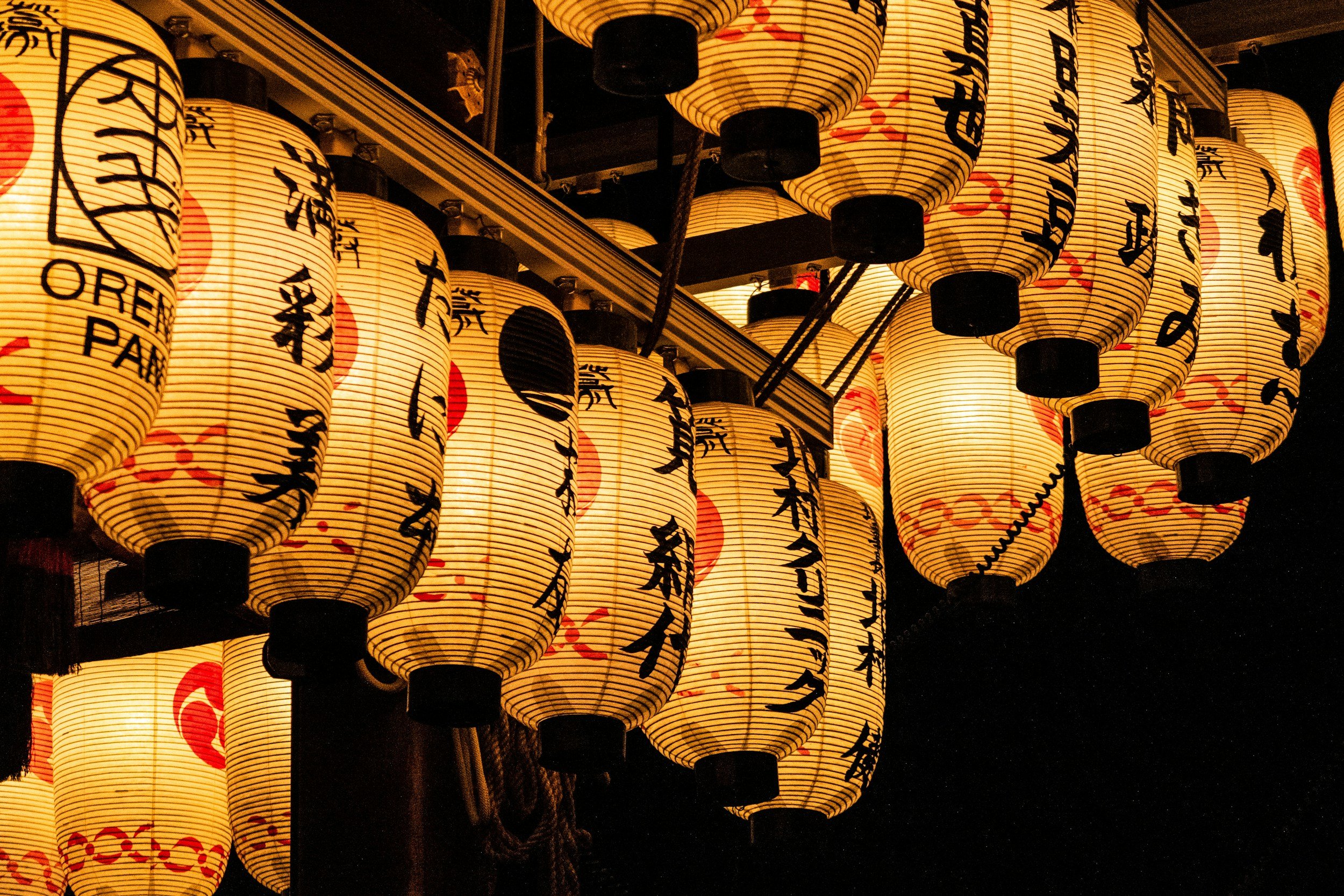 Traditional Japanese paper lanterns with kanji calligraphy glowing at night in Kyoto on a private luxury tour of Japan