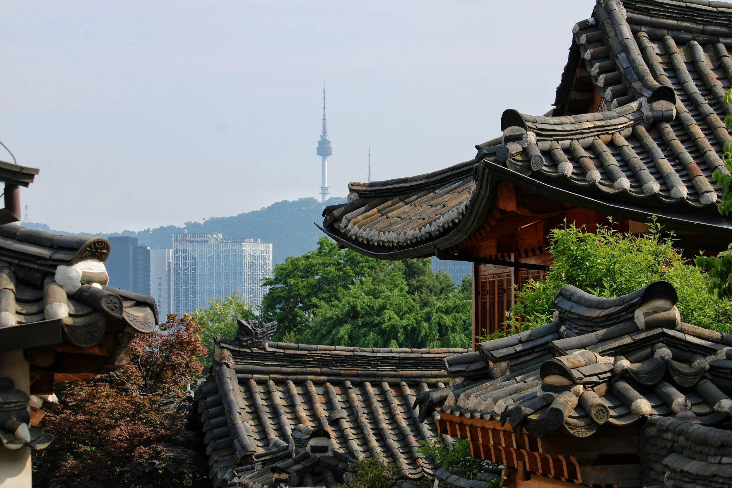 Traditional Korean hanok rooftops with curved clay tiles in Bukchon Hanok Village, Seoul, with N Seoul Tower and modern skyscrapers visible in the background