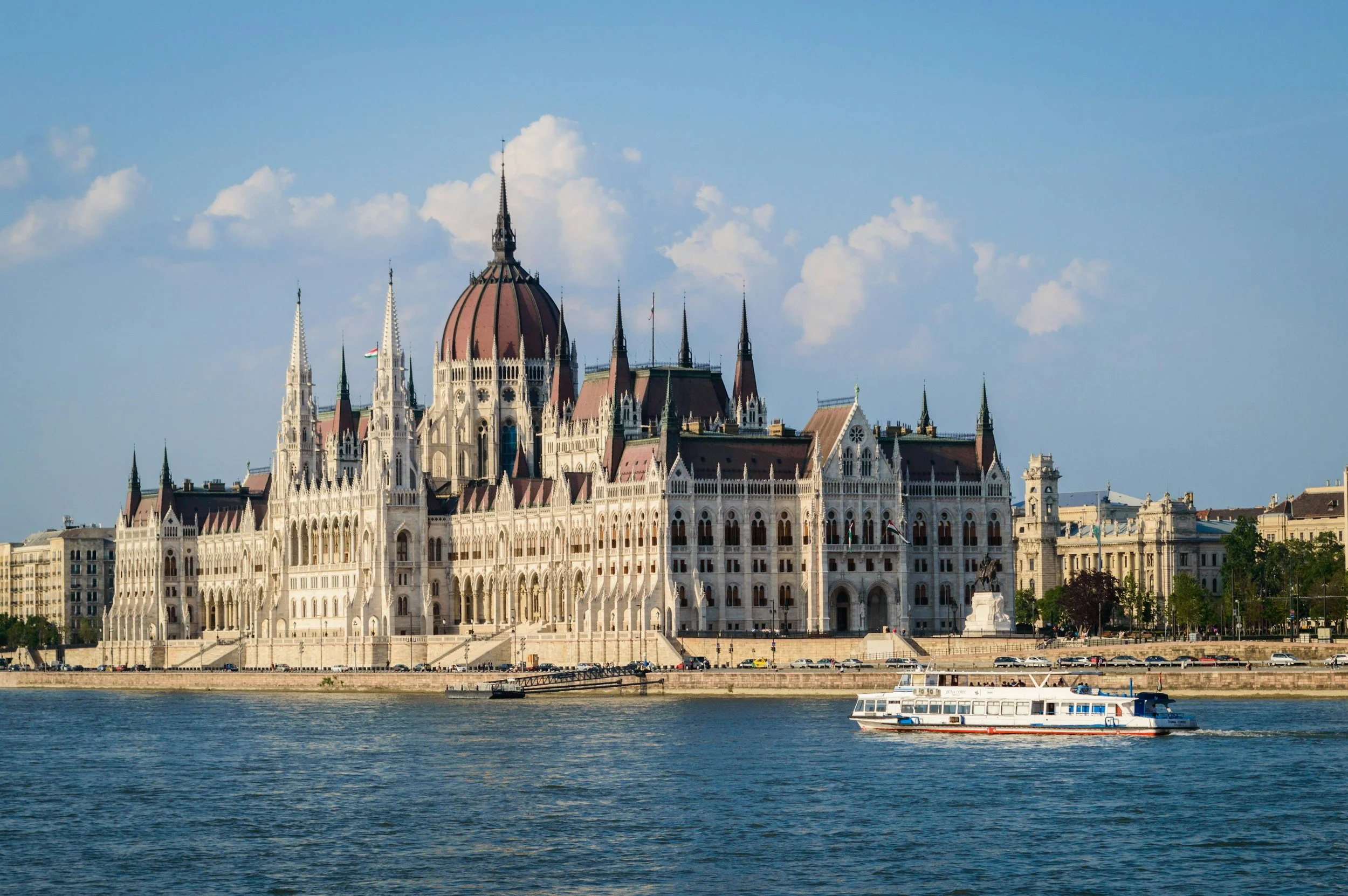 Full frontal view of the Hungarian Parliament Building from the Danube River on a bright day, with a passenger ferry passing in the foreground and the building's white stone facade, spires and copper dome clearly visible