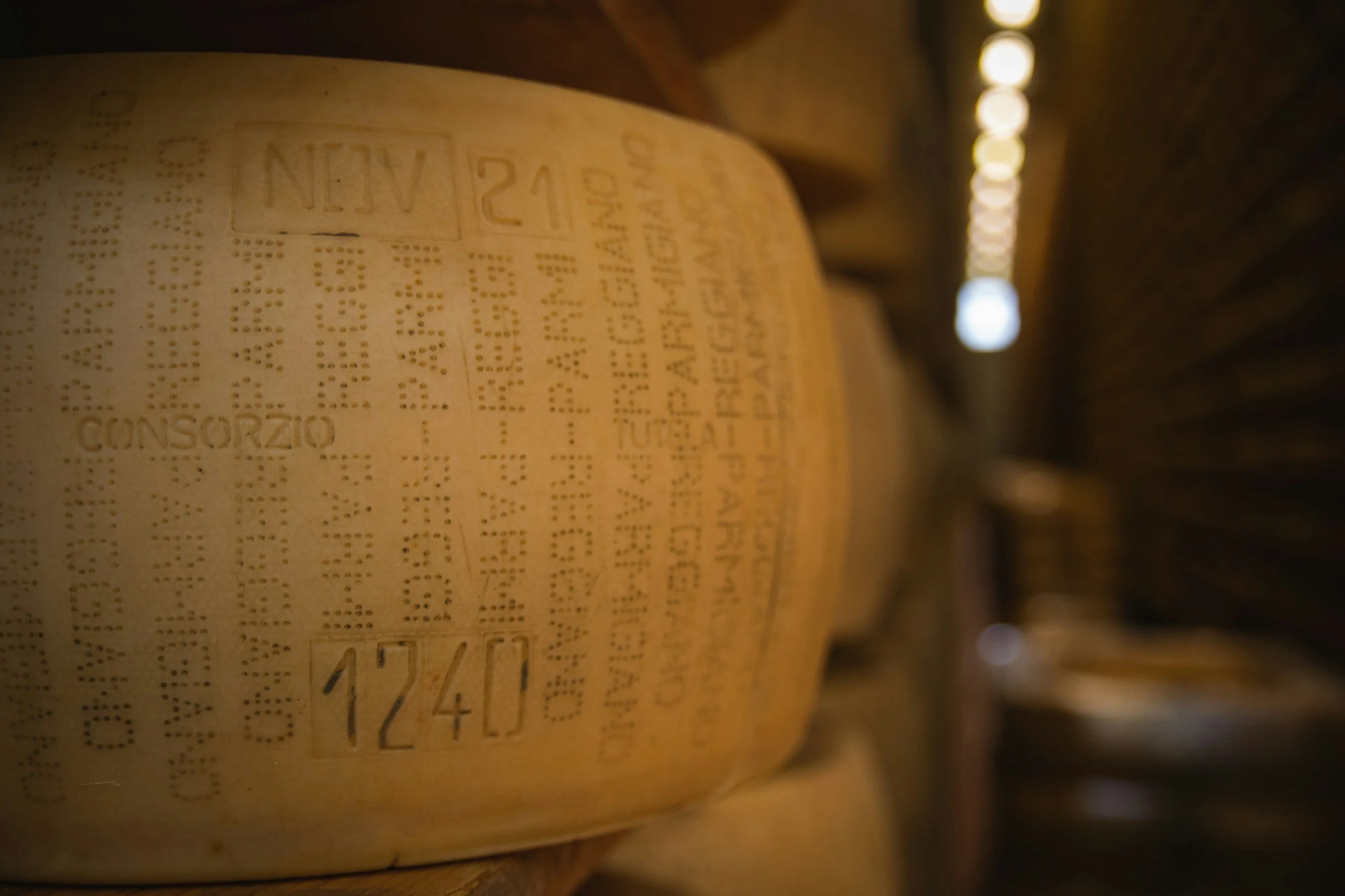 Close-up of an aged Parmigiano Reggiano cheese wheel with a branding mark showing the year 1740 at a traditional producer in Emilia Romagna, Italy
