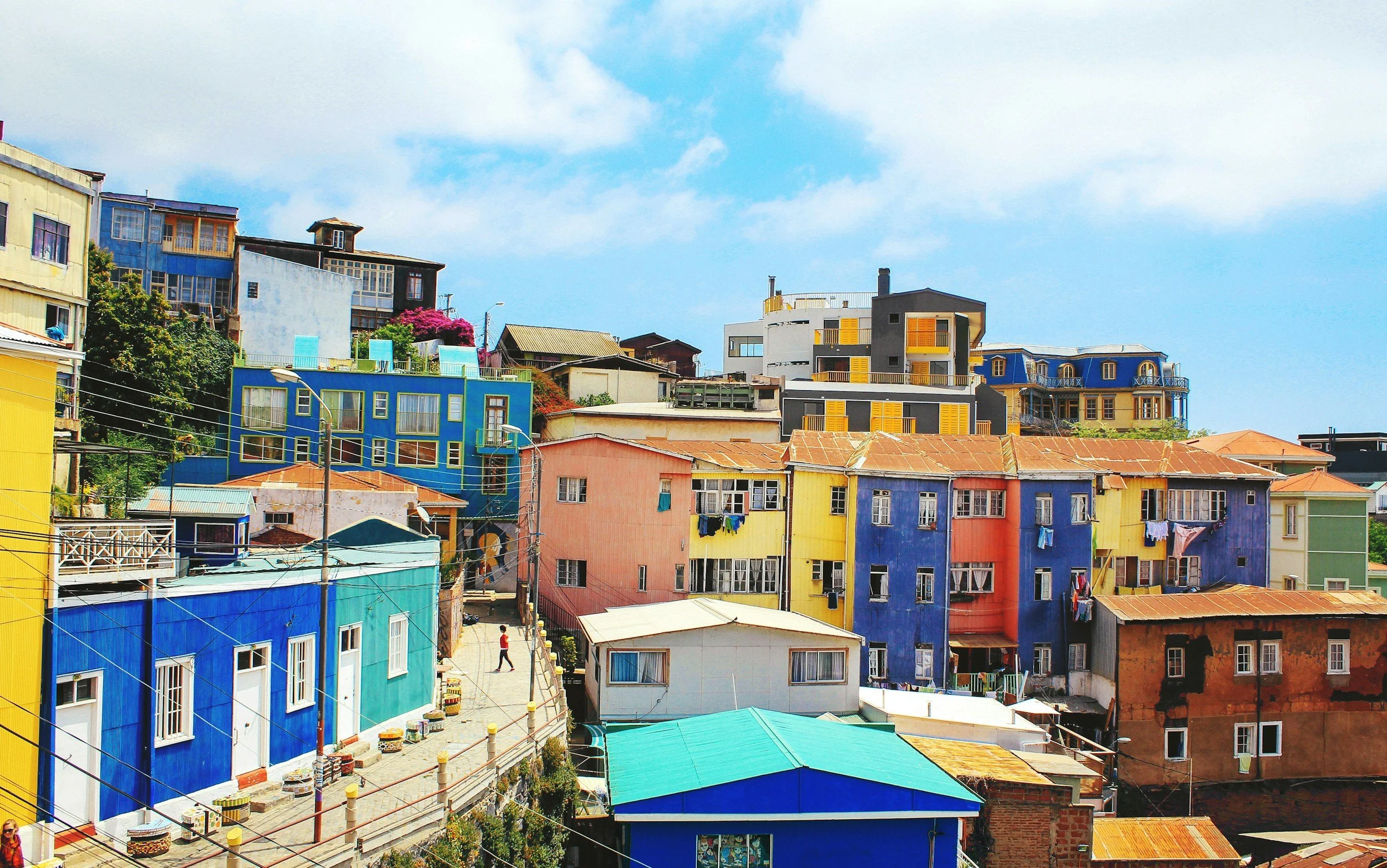 Brightly coloured houses and staircases cascading down the steep hillsides of Valparaíso, Chile's bohemian port city and a UNESCO World Heritage Site