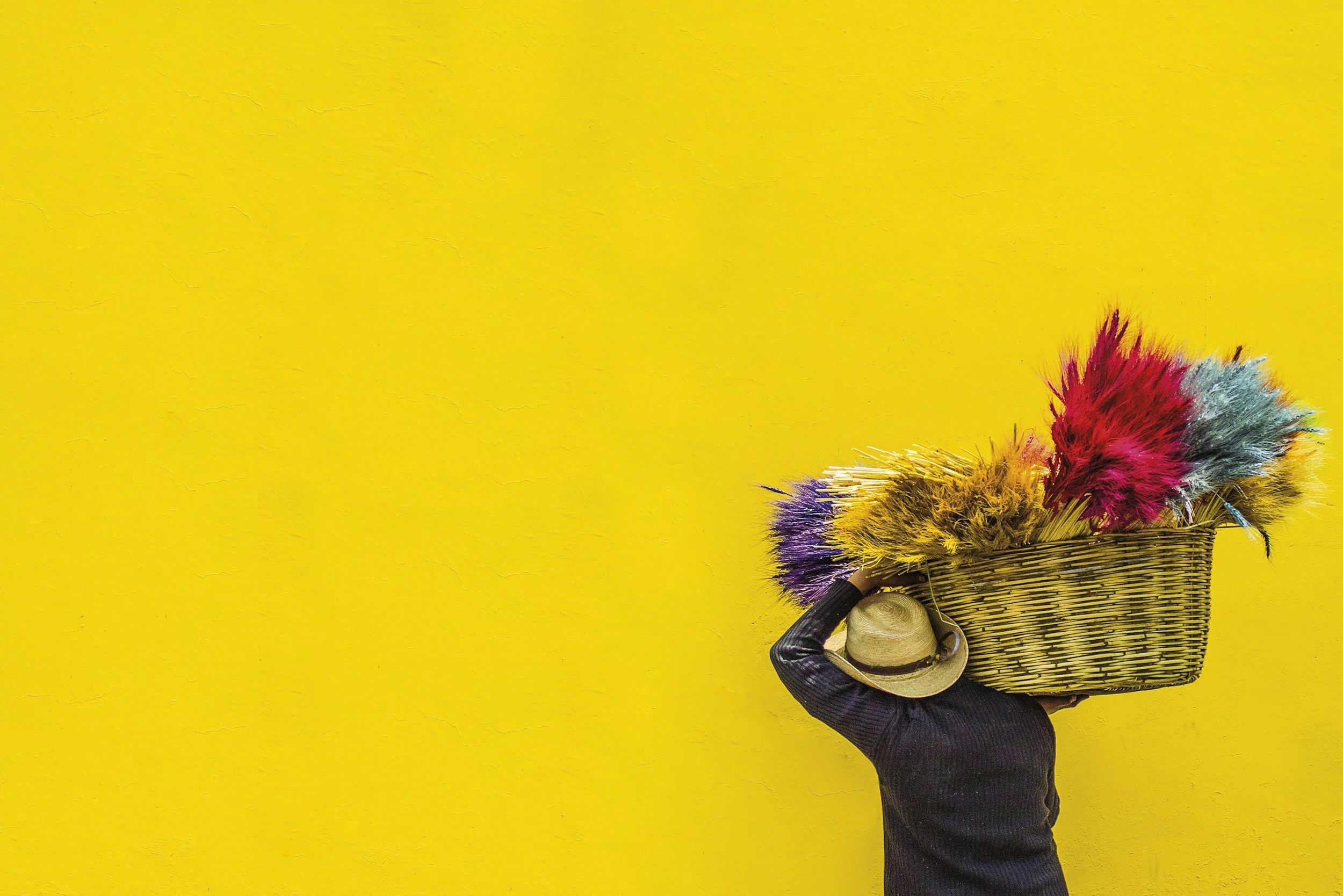 Indigenous Guatemalan woman carrying a large wicker basket overflowing with colourful red, yellow and purple flowers against a bright yellow background