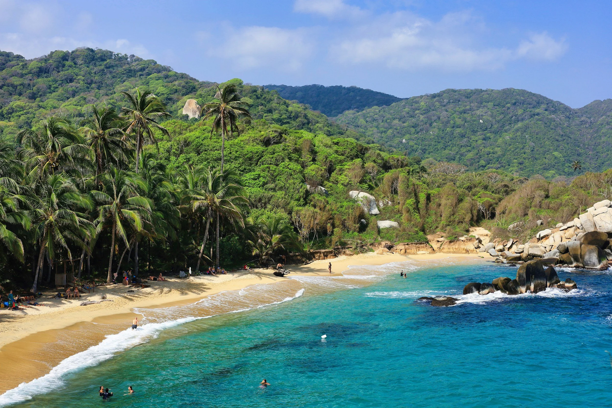 Palm-lined Caribbean beach with turquoise water and jungle-covered hills in Tayrona National Park, Colombia