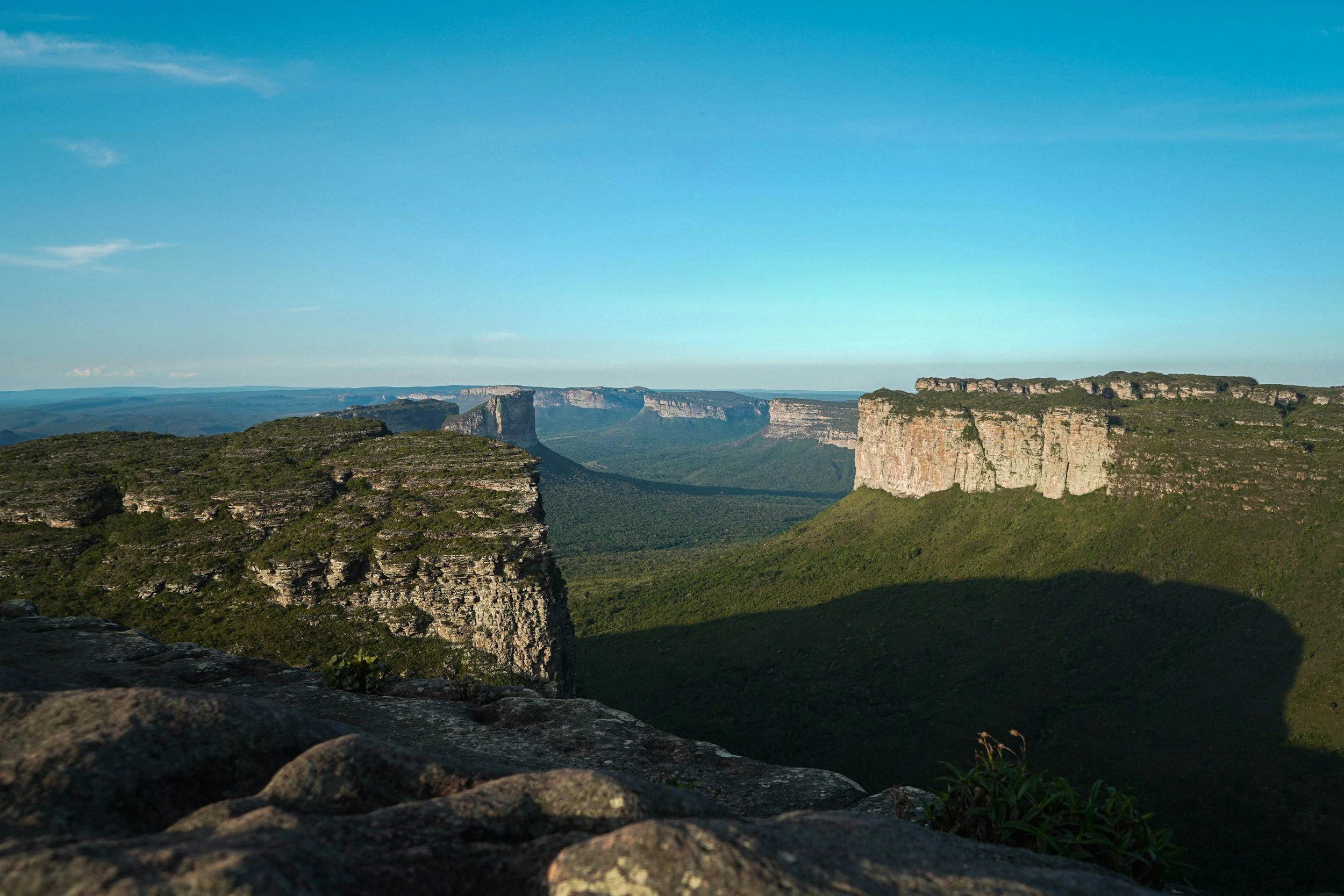 Dramatic table mountain cliffs and canyons covered in green vegetation in the Chapada Diamantina national park, Brazil