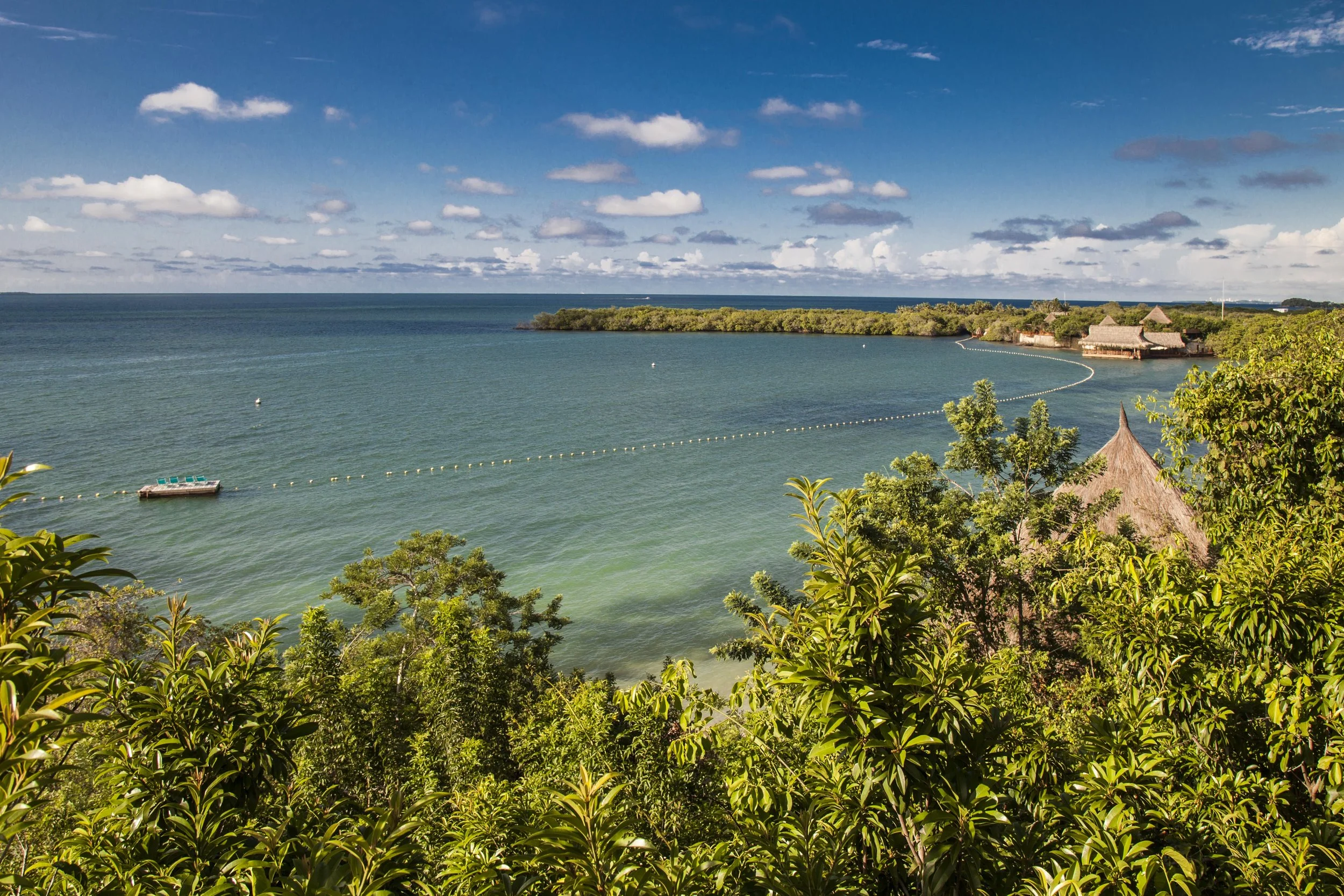 View over green tropical foliage toward the calm turquoise waters of the Islas del Rosario archipelago off Cartagena, Colombia
