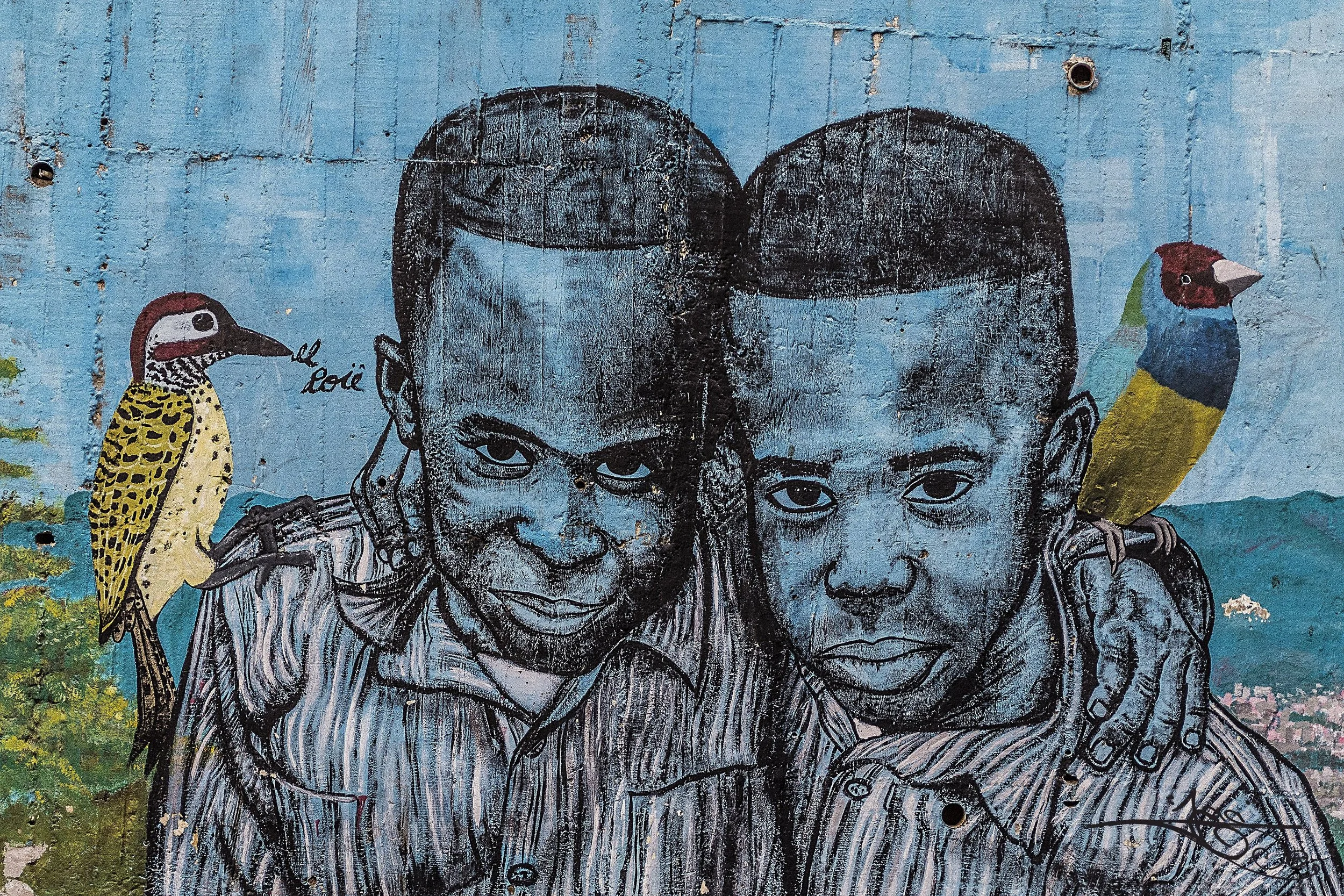 Detailed street art mural of two boys and a colourful bird painted on a wall in Medellín, Colombia