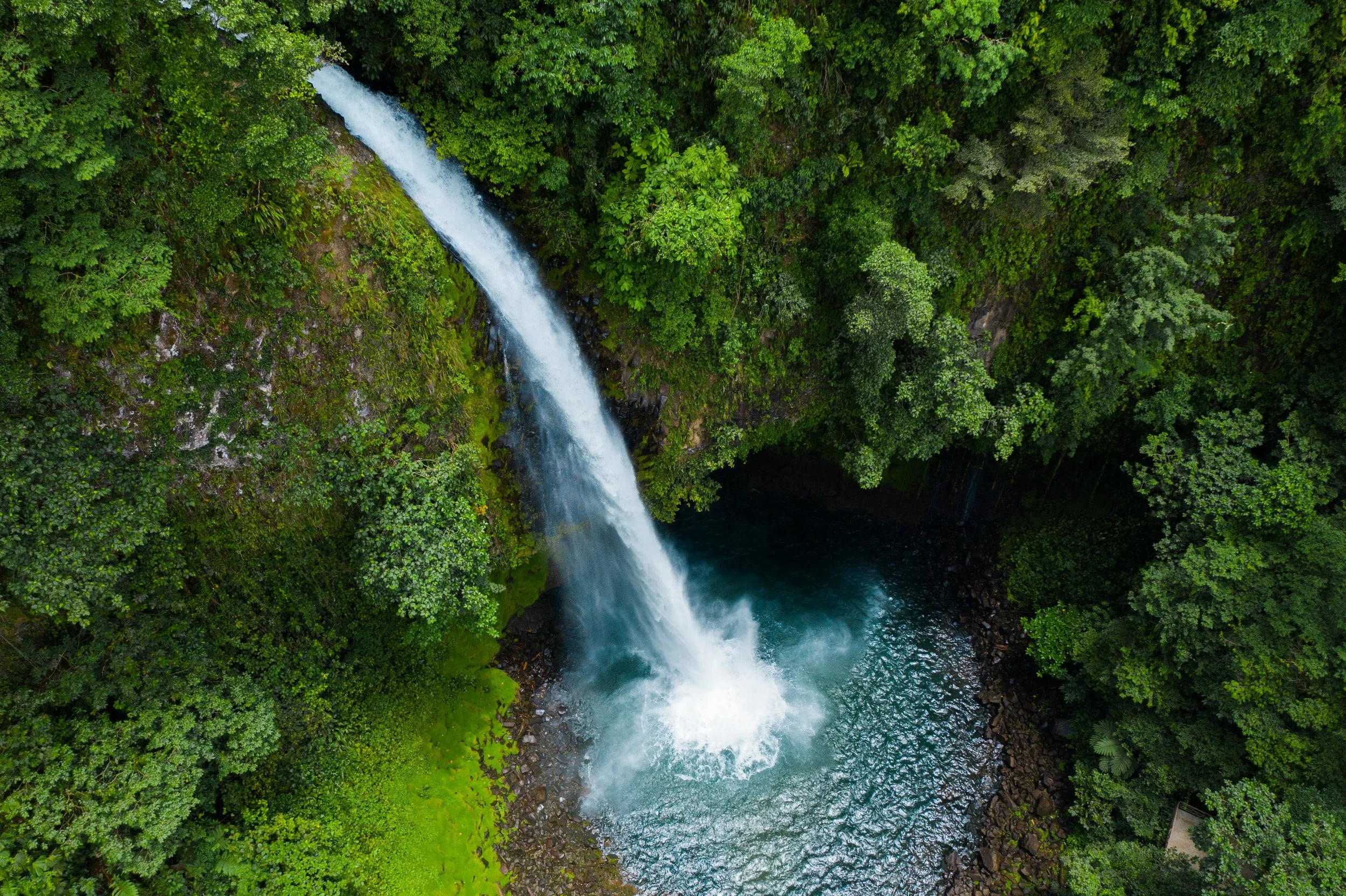 Aerial view of a powerful waterfall cascading through dense green rainforest into a pool below in Costa Rica