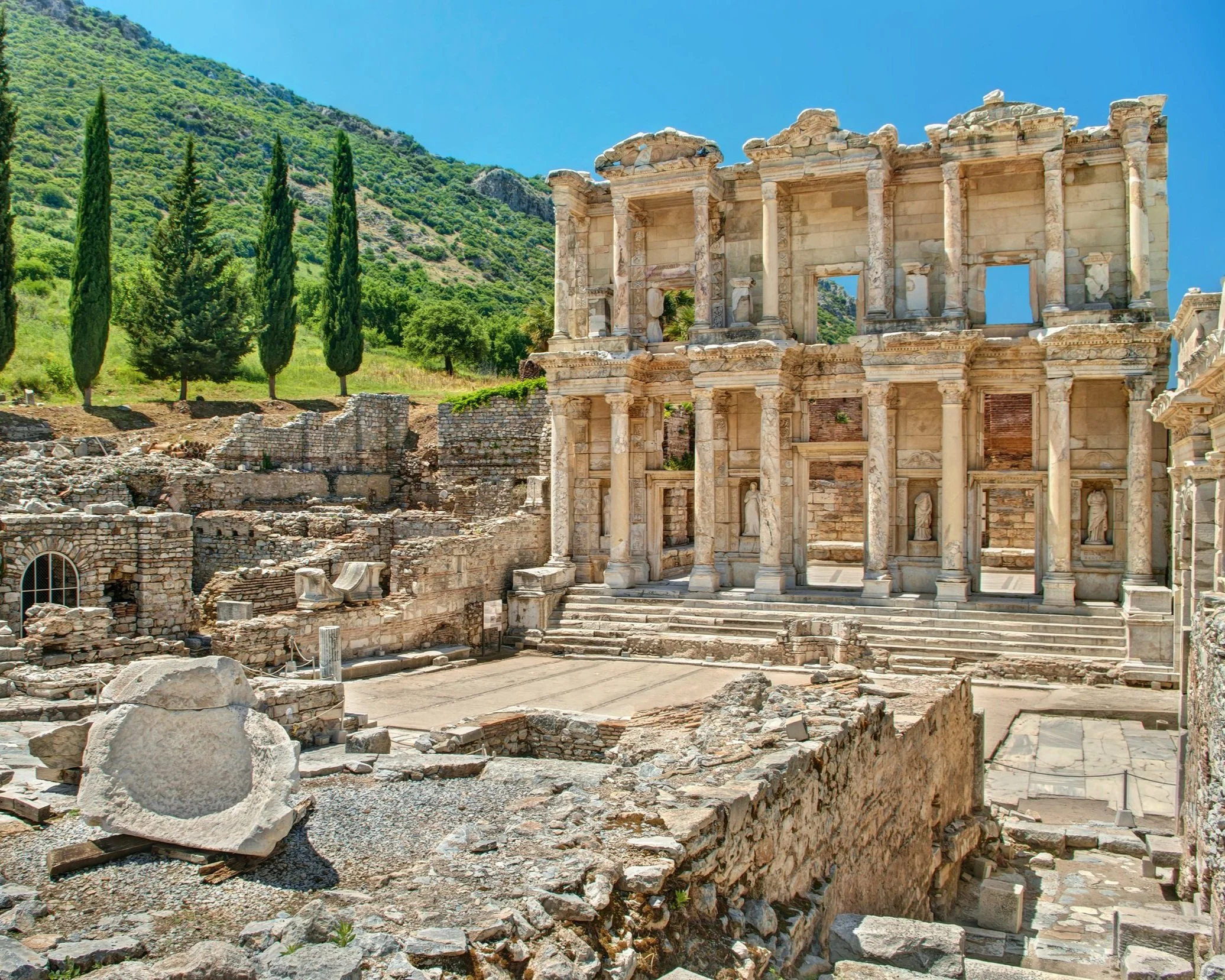 The Library of Celsus and ancient marble streets of Ephesus on a private guided archaeological tour, Turkey