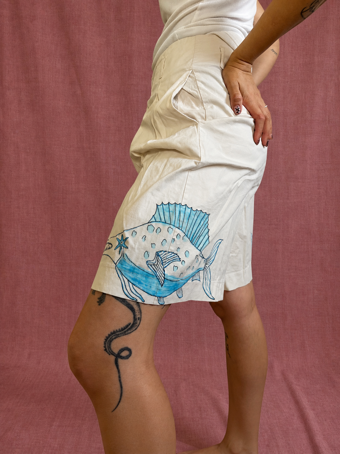 Upcycled Cotton Shorts - Blue Fish L