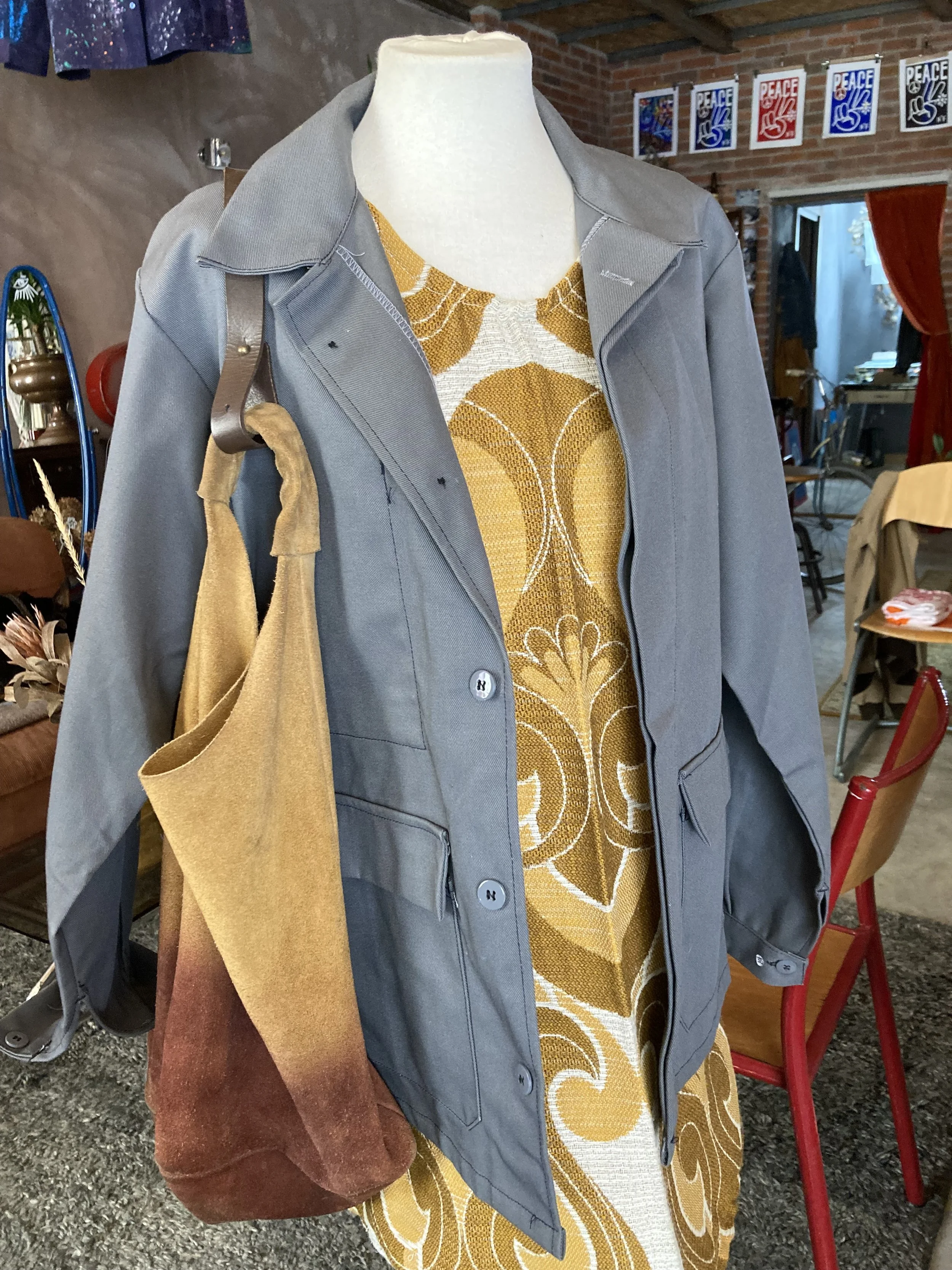 Upcycled Grey Worker Jacket with Gold Bird Motif
